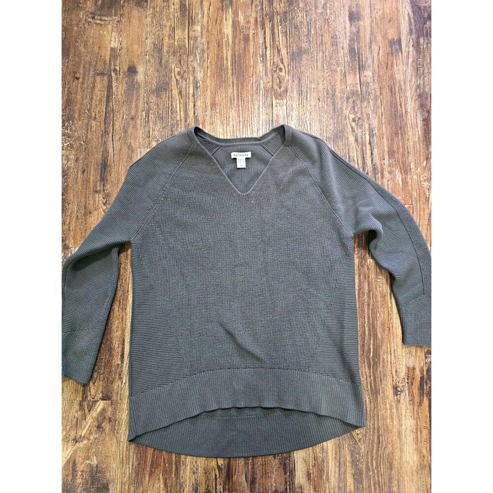 Athleta Womens M Gray Solid Knit V-Neck Raglan Long Sleeve Pullover Sweater